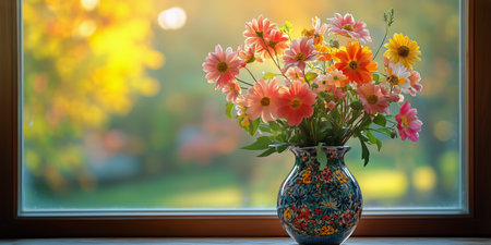 A vibrant vase filled with assorted flowers sits on a windowsill, illuminated by warm sunlight.の素材