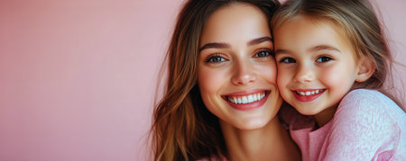 A mother and her young daughter display bright smiles while hugging each other against a soft pink backdrop.の素材
