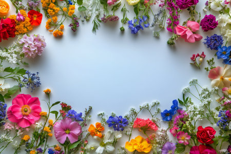 Brightly colored flowers of various types and sizes are arranged around an empty space, creating a vibrant and inviting atmosphere suitable for spring or a special occasion.の素材
