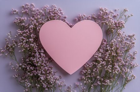 A pink heart shaped box rests on a soft pink surface, surrounded by fresh delicate flowers in various shades. The arrangement creates a romantic and serene atmosphere.の素材