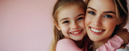 Mother and daughter embrace joyfully, sharing bright smiles against a soft pink background, creating a heartwarming atmosphere of love and connection.の素材