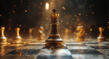A golden chess king stands prominently on a dark chessboard, illuminated by ambient light and surrounded by blurred chess pieces, creating a dramatic atmosphere.の素材