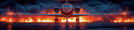 A red jet aircraft is positioned on a dark runway, surrounded by blazing flames and thick smoke at dusk. The dramatic setting creates a powerful visual impact.の素材