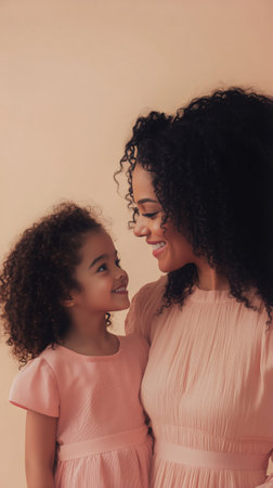 Smiling mother and daughter enjoy each others company, both wearing stylish matching outfits. Their curly hair adds to the warmth of their cheerful interaction.の素材