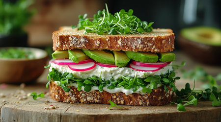 Freshly made gourmet sandwich stacked high with crisp lettuce, avocado slices, radishes, and topped with microgreens on whole grain bread.の素材