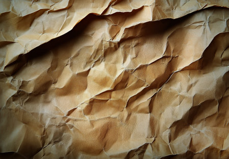 A close-up view of wrinkled brown paper showing intricate textures and folds, ideal for artistic endeavors, backgrounds, or crafting ideas.の素材