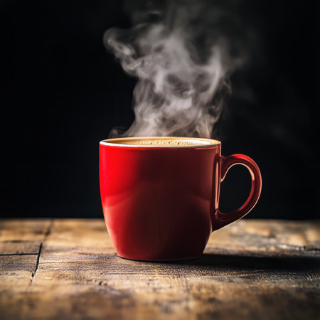 A red cup filled with steaming coffee rests on a rustic wooden table.の素材