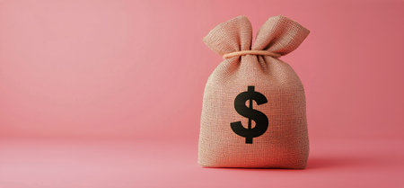 Two small burlap bags tied with ribbons are positioned on a pink background, featuring dollar signs. They represent financial growth, savings, and investment opportunities.の素材