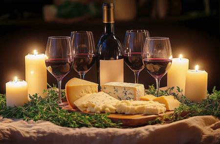A beautifully arranged display features an assortment of cheeses, wine glasses filled with red wine, and flickering candles.の素材
