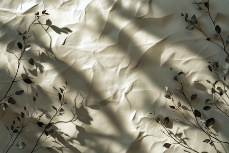 Dried plants cast delicate shadows on a light-colored wall as sunlight filters through, creating an artistic natural display inside a tranquil indoor space.の素材