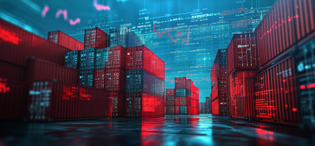 Containers are stacked high in a modern port setting, glowing with vibrant colors. Digital data graphs and elements create an atmosphere of advanced logistics and global trade dynamics.の素材