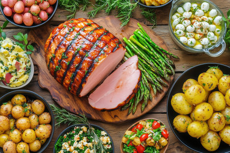 A beautifully arranged holiday feast showcases a glazed ham sliced for serving, surrounded by roasted potatoes, vibrant salads, and grilled asparagus, creating a festive spread.の素材