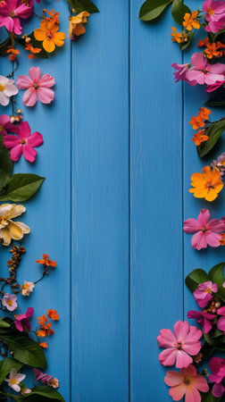 Colorful flowers are artistically arranged around the edges of a bright blue wooden surface, creating a lively springtime atmosphere. The floral display enhances the vibrant backdrop.の素材