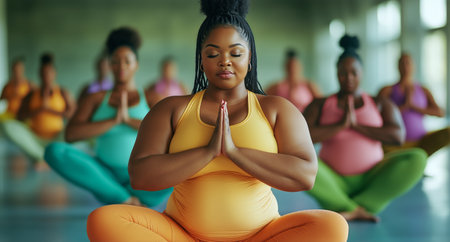 Groups of pregnant women engage in a yoga class, focusing on mindfulness and relaxation techniques in a bright, spacious studio filled with natural light.の素材