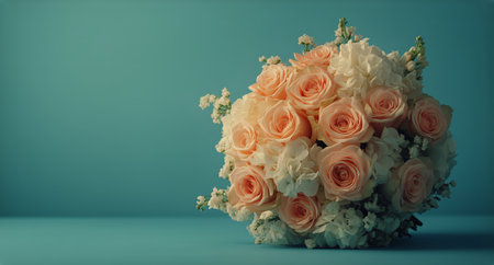 A beautifully arranged bouquet featuring pink and white roses alongside delicate white flowers rests on a vibrant blue background, illuminated by soft natural light.の素材