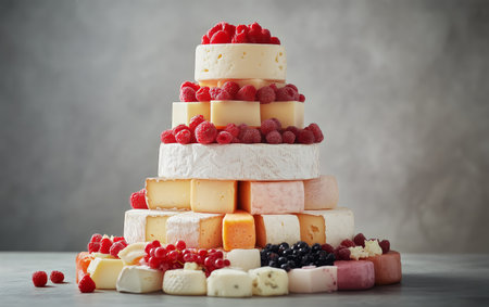 An artistic arrangement of different cheese types is displayed, showing their colors and textures.の素材