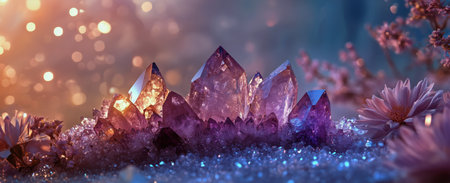 Colorful crystals rise majestically from a bed of sparkling rock, surrounded by delicate flowers and soft glowing lights in a peaceful ambiance that invites serenity.の素材