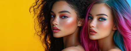 Three models with strikingly colorful hairstyles pose against a bright yellow backdrop, each exhibiting a unique shade and style, highlighting artistic expression in modern beauty.の素材