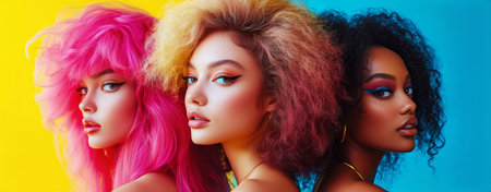 Three models with strikingly colorful hairstyles pose against a bright yellow backdrop, each exhibiting a unique shade and style, highlighting artistic expression in modern beauty.の素材