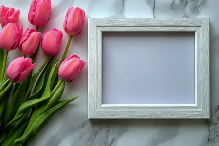 Fresh pink tulips arranged neatly next to an empty white frame on a smooth marble surface, perfect for showcasing artwork or memories during spring.の素材