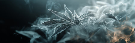 A cannabis plant with intricate leaves is highlighted against a swirling smoke backdrop, creating a mysterious and ethereal atmosphere.の素材