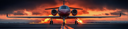 A sleek jet airplane is parked on the runway showcasing its modern design. A vibrant sunset casts orange and purple hues across the sky, creating a stunning backdrop for this scene.の素材