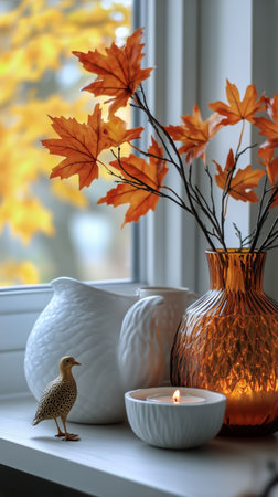 A serene atmosphere created by a white vase holding orange leaves, accompanied by a candle and a decorative bird, all set against a softly lit window.の素材