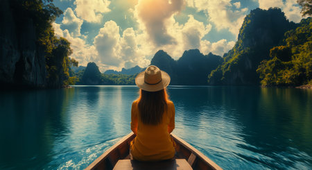 A woman in a yellow shirt enjoys a peaceful boat ride on calm waters as sun rays illuminate the stunning cliffs and lush greenery of the tropical landscape at dawn.の素材