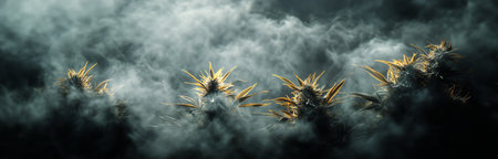 A cannabis plant with intricate leaves is highlighted against a swirling smoke backdrop, creating a mysterious and ethereal atmosphere.の素材