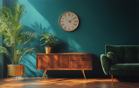 A modern living room features a green velvet sofa with wooden accents and stylish cushions, complemented by potted plants and a decorative wall clock.の素材
