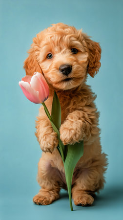 A fluffy golden puppy stands with a pink tulip gently held in its mouth, showing an adorable and playful vibe. The soft blue backdrop enhances the joyful mood.の素材