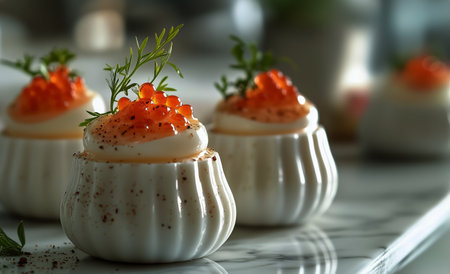 Two soft boiled eggs with bright orange yolks are placed in rustic bowls, garnished with herbs on a marble countertop, showing a delicious breakfast or snack option.の素材