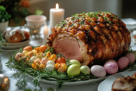 A beautifully glazed ham sits as the centerpiece on a festive table, surrounded by colorful Easter eggs and vibrant flowers. The setting is perfect for a joyful celebration.の素材