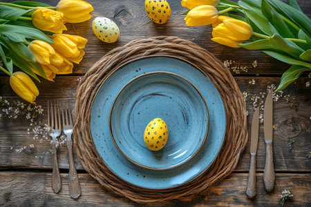 Bright yellow tulips arranged next to a blue plate holding decorated eggs, cutlery, and a patterned napkin atop rustic wooden surface, creating a festive atmosphere.の素材