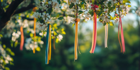 Brightly colored ribbons dangle gracefully from branches covered in white blossoms in a vibrant park setting, capturing the essence of spring on a sunny day.の素材