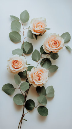 Soft orange roses and lush green leaves create a delicate border on a light surface, perfect for invitations or celebrations, showing natural elegance and beauty.の素材