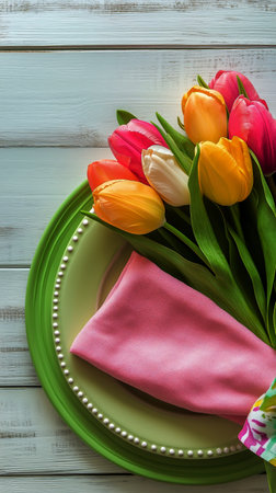 Colorful tulips are artistically arranged in a bouquet on a green plate, tied with a pink napkin. This charming setup enhances the home dining experience during spring.の素材