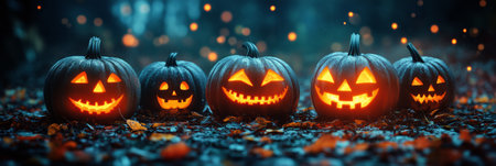 Three carved pumpkins illuminate the dark surroundings with their glowing faces. Fallen leaves scatter around, adding to the atmospheric Halloween vibe.の素材