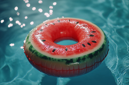 A colorful inflatable ring shaped like a watermelon sits on a smooth blue surface, perfect for summer pool parties and enjoyable beach days with friends and family.の素材
