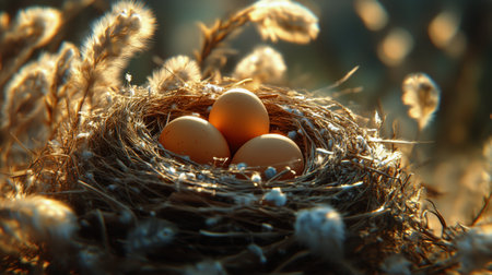 Three brown eggs sit nestled in a cozy nest surrounded by soft grass. Warm sunlight filters through, highlighting the delicate fibers and creating a serene atmosphere.の素材