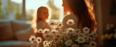 A woman stands in a well-lit room with a child nearby, both sharing a joyful interaction. A bouquet of daisies is prominently displayed in the foreground.の素材