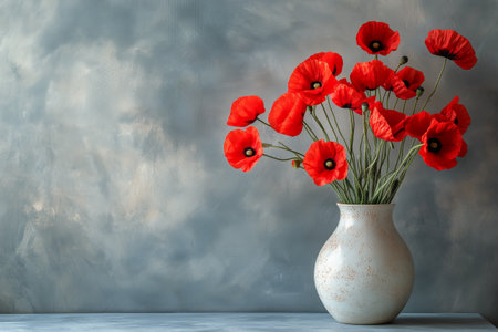 Bright red poppy flowers are elegantly arranged in a simple white vase. The textured gray background adds a sophisticated touch to the vibrant colors of the flowers.の素材