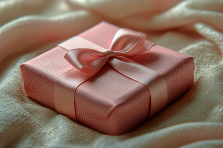 A neatly wrapped gift in soft pink paper adorned with a satin bow is resting on luxurious textured fabric, evoking a sense of celebration and anticipation.の素材