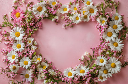 Delicate pink flowers form a heart shape, resting on a gentle pink background. This arrangement conveys love and warmth, ideal for special occasions.の素材