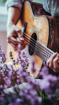 A person plays guitar with delicate fingers, surrounded by vibrant lavender flowers in a cozy indoor space, creating a serene and tranquil atmosphere.の素材