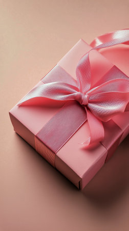 A beautifully wrapped pink gift box adorned with a delicate bow sits against a soft pink background, perfect for celebrations and special moments.の素材