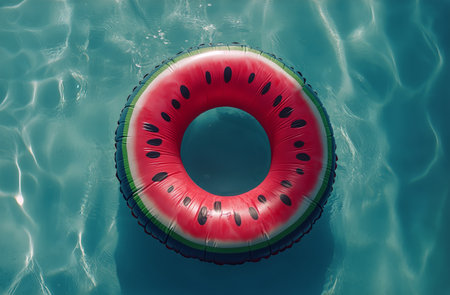 A colorful inflatable ring shaped like a watermelon sits on a smooth blue surface, perfect for summer pool parties and enjoyable beach days with friends and family.の素材