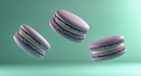 Three delicate macarons hover mid-air with a soft green backdrop, showing their pastel colors and creamy filling, perfect for dessert lovers and culinary enthusiasts.の素材