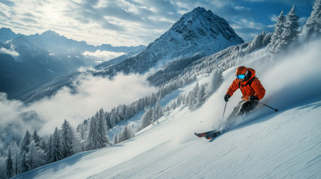 A skier in an orange jacket races down a snowy slope surrounded by tall pine trees and majestic mountains during winter. The sky is partly cloudy, enhancing the stunning scenery.の素材