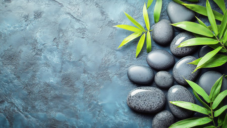 Smooth gray stones positioned artfully alongside vibrant green leaves create a calming arrangement on a textured blue background, evoking a sense of tranquility and nature.の素材